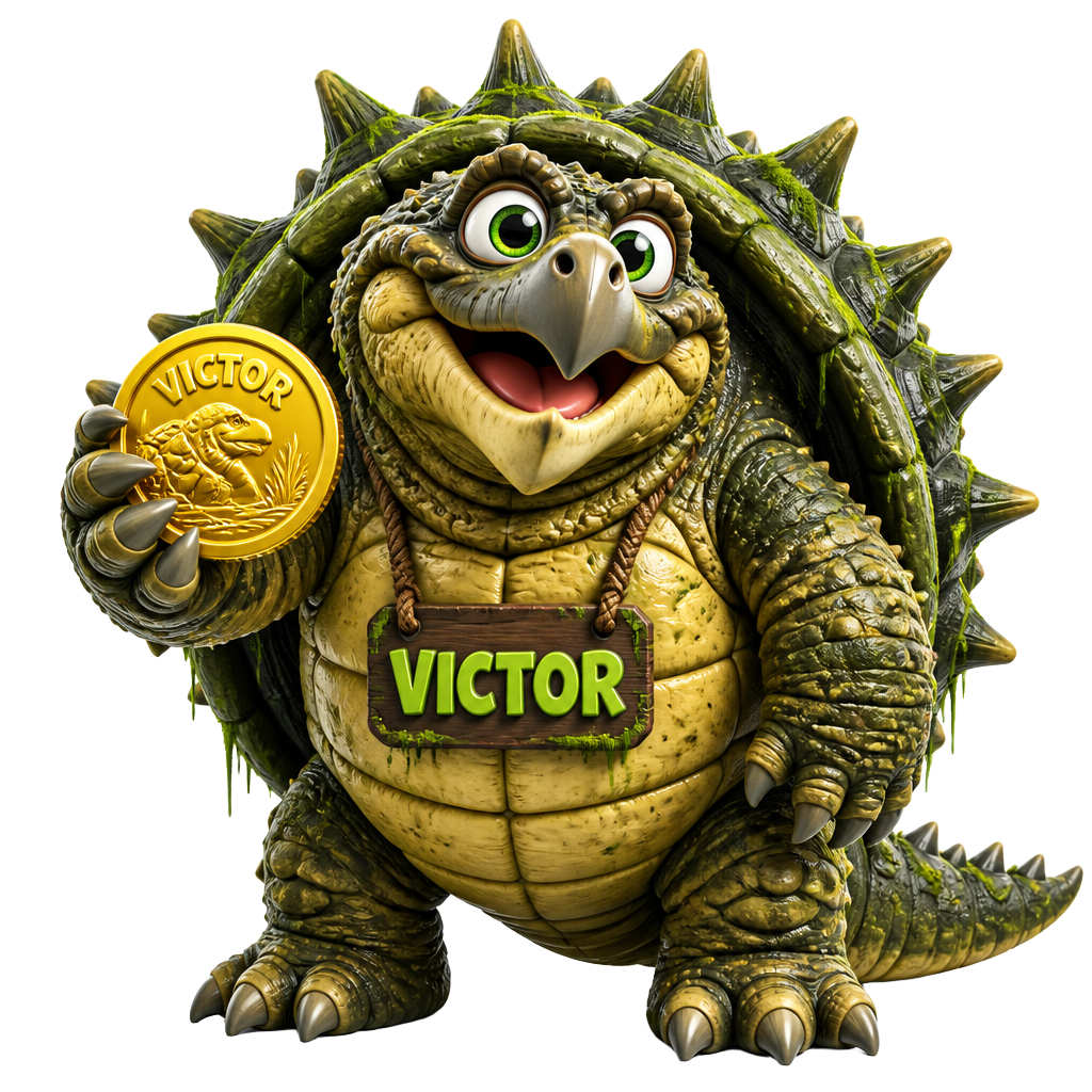 Victor the giant cartoon alligator snapping turtle mascot holding a coin